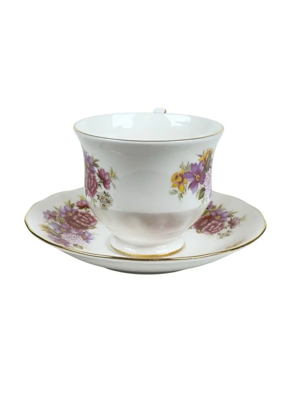 Vintage Queen Anne Fine Bone China Teacup Saucer Purple Red Floral Gold Trim